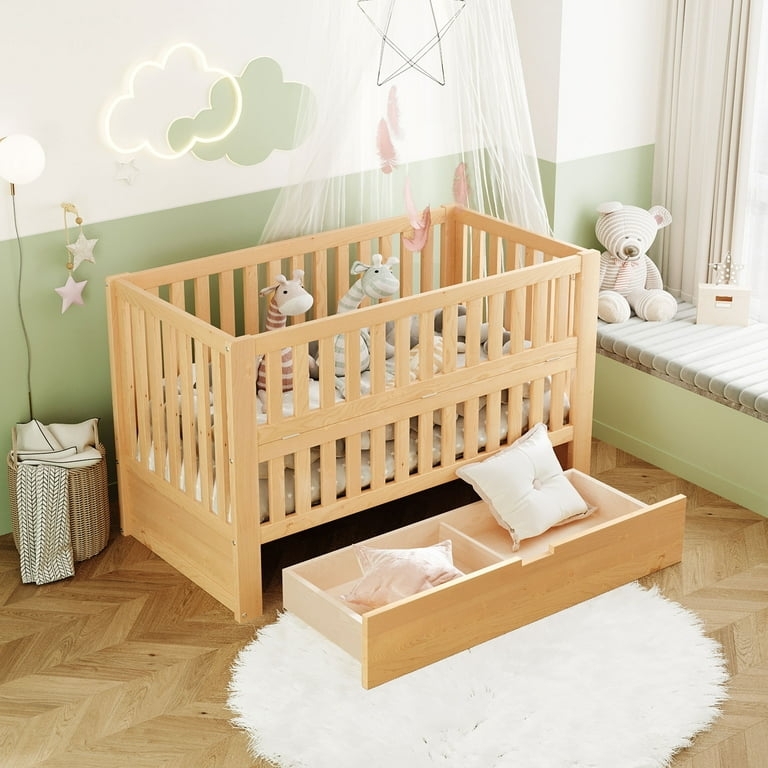 Scandinavian Natural Wood Convertible Crib with Platform Base