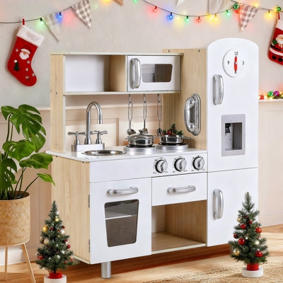 Scandinavian Play Kitchen White and Wood Silver Hardware Toy Set