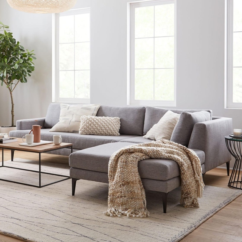 Scandinavian Sectional Sofa featuring Slim Metal Legs and Woven Fabric