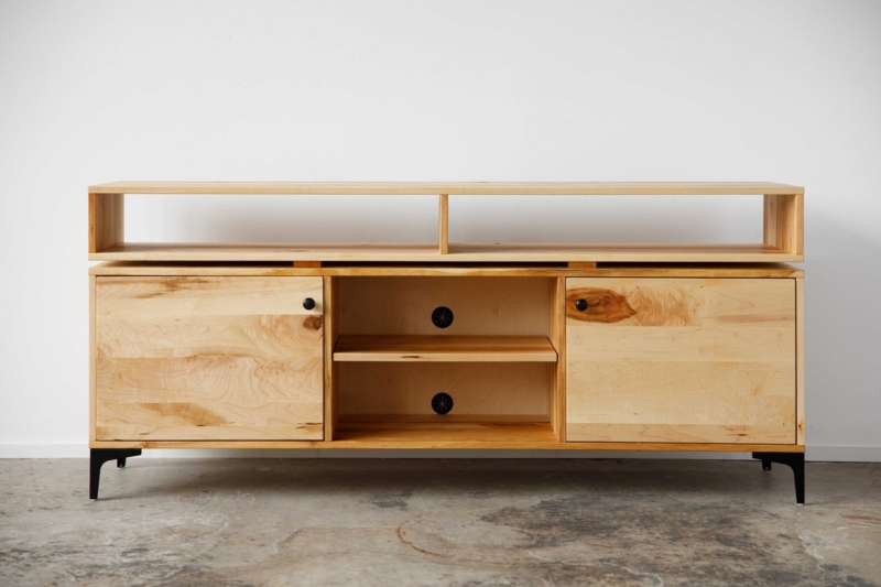 Scandinavian TV Stand Natural Maple Figured Grain Black Steel Legs