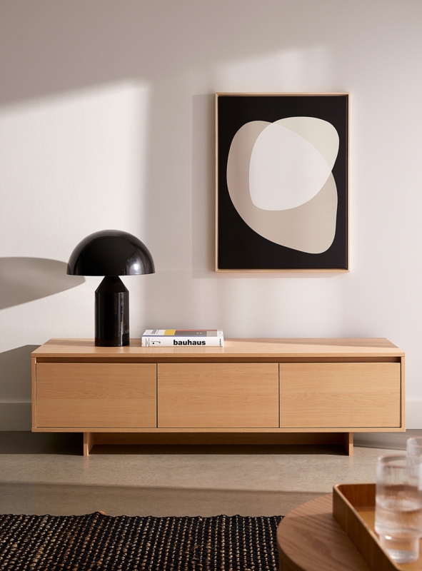 Scandinavian TV Unit Sand Beige Three Panel Front Recessed Plinth