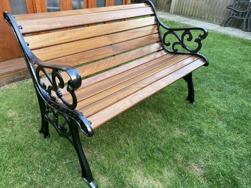 Scrolled Arms Garden Bench Cast Iron Honey Wood Slats