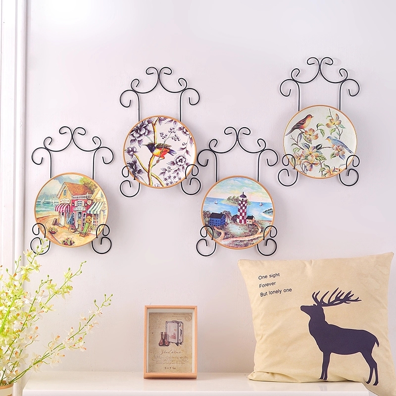 Scrolled Metal Framed Decorative Wall Plates with Illustrated Motifs