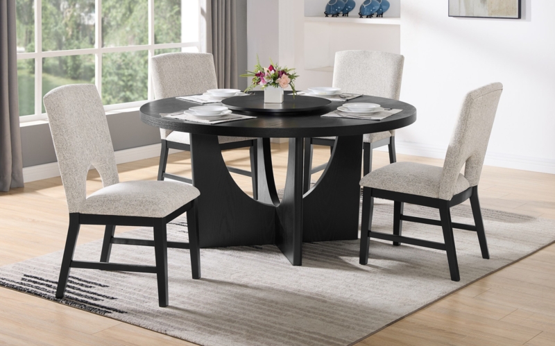 Sculptural Base Round Dining Set, Black Cutout Back Chairs