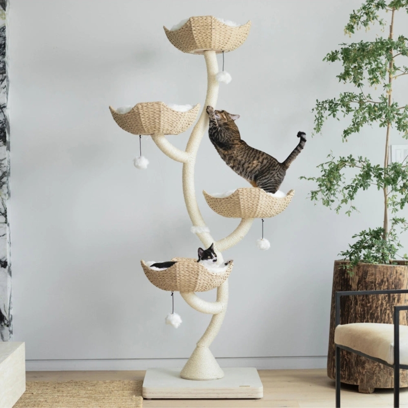 Sculptural Cat Tree Leaf Shaped Baskets Woven White Rope Biophilic