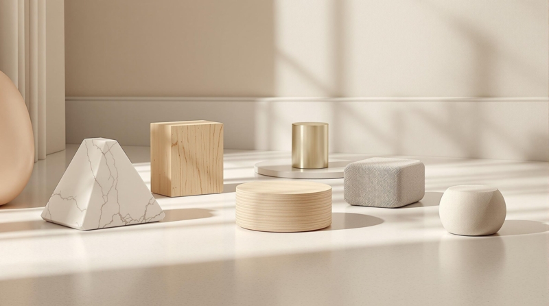 Sculptural Geometric Door Stoppers: Mixed Materials, Neutral Palette
