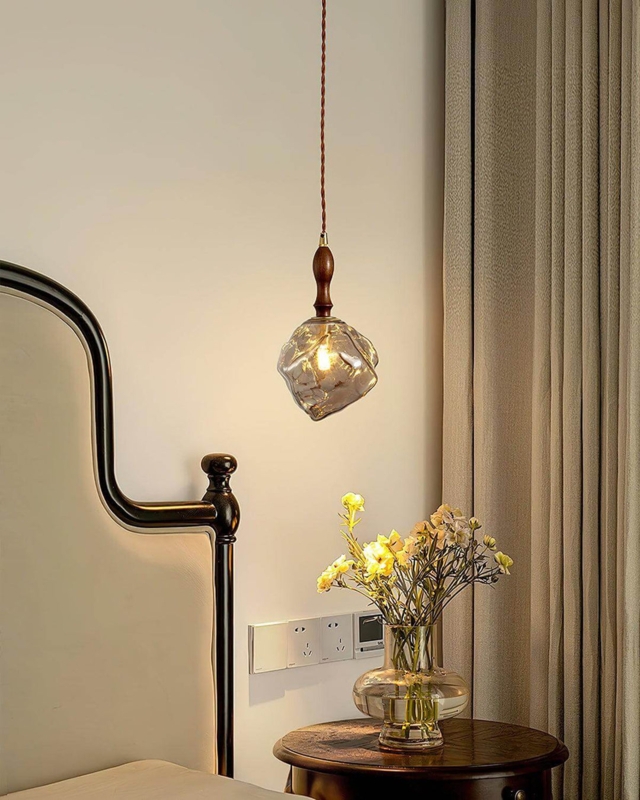 Sculptural Glass Hanging Light with Melted Ice Texture and Wood Neck