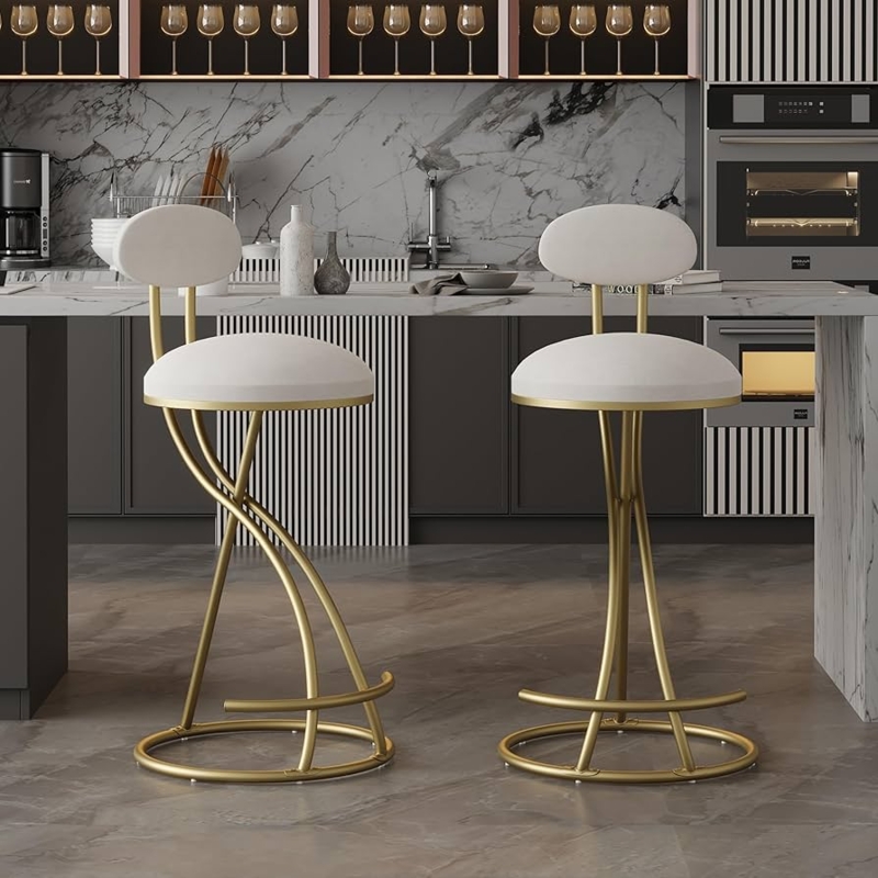 Sculptural Gold Bar Stools Oval Backrest Modern Glam Island Seating.