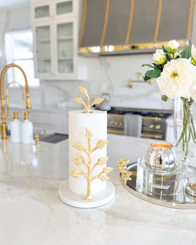 Sculptural Gold Leaf Paper Towel Holder with Marble Base Luxury