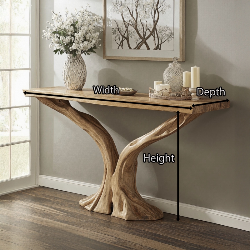 Sculptural Tree Trunk Console with Live Edge Top, Organic Modern Style