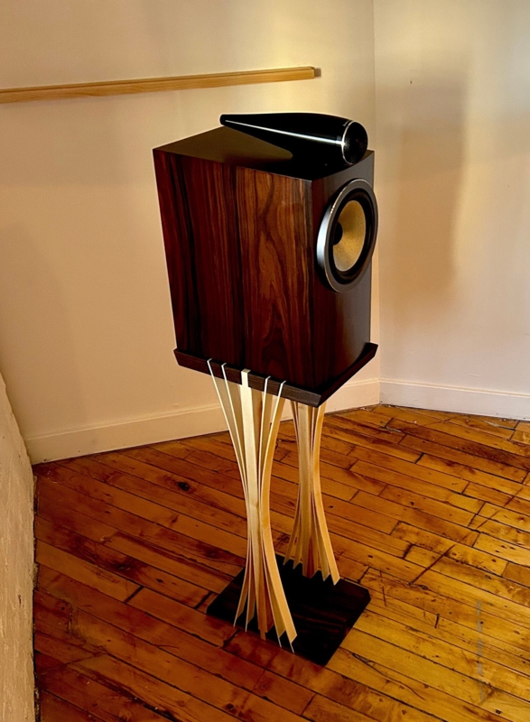 Sculptural Wood Speaker Stand Hourglass Silhouette Fanned Slats