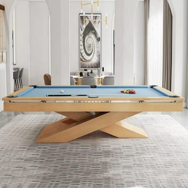 Sculptural X-Base Pool Table with Sky Blue Felt Surface