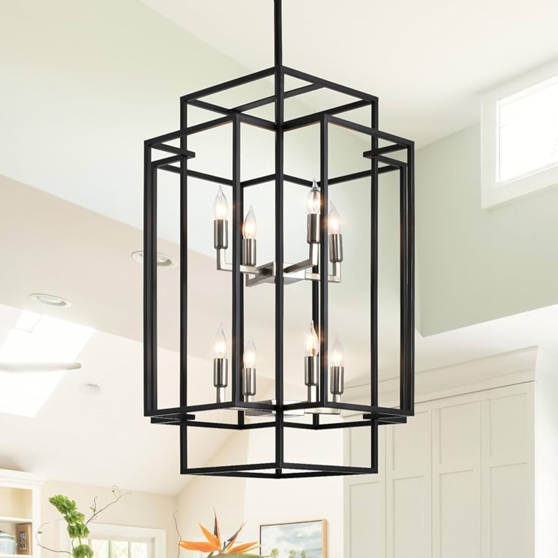 Sdorens 8-Light Farmhouse Chandelier, Modern Foyer Lighting Fixtures 31.5" Entryway  Chandeliers for High Ceilings, Black & Silver Lantern Pendant Light, for  Living Room,Staircase,Hallway -