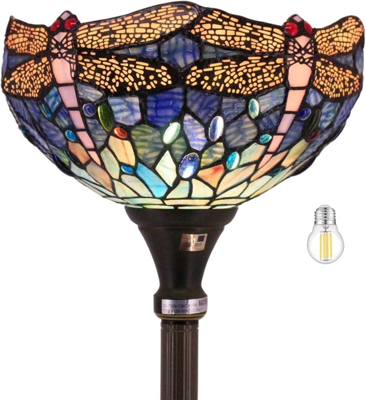 Sea Blue Stained Glass Torchiere Floor Lamp, Dragonfly Motif and Cabochons