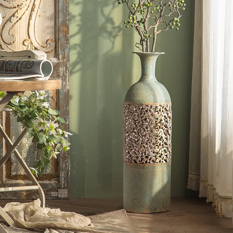 Seafoam Green Floor Vase Weathered Patina Geometric Cutout Rustic