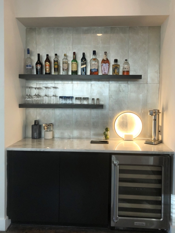 Seamless Stainless Steel Floating Shelves, Iridescent Tiled Bar Backsplash
