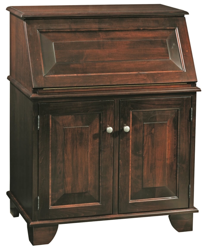 Secretary Desk Cabinet: Raised Panels, Bracket Feet, Dark Cherry Wood