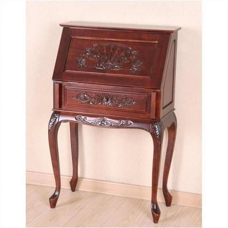 Secretary Desk with Botanical Carvings, Scalloped Apron, Walnut Finish