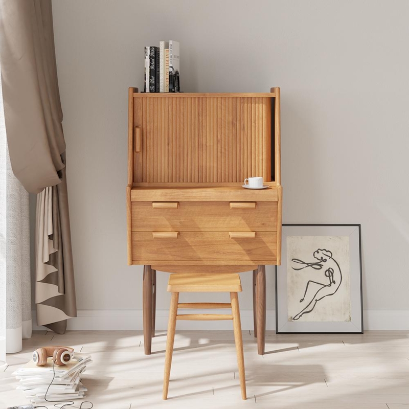 Secretary Desk with Slatted Tambour Door, Natural Wood, Scandinavian