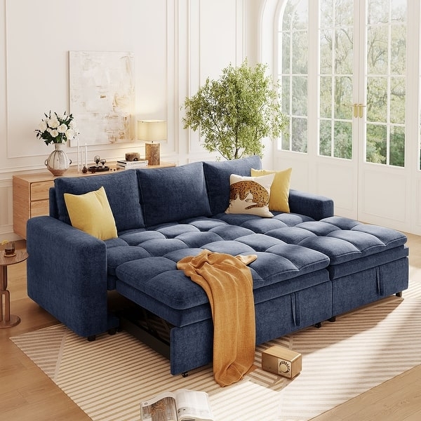 Sectional Sleeper Sofa Bed, Navy Blue Grid Tufting, Pull-Out Extension