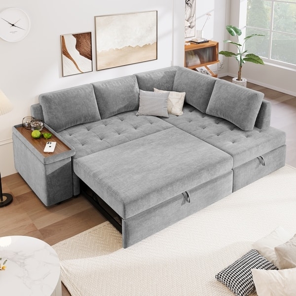 Sectional Sleeper Sofa Built In Tray Corded Fabric L Shaped