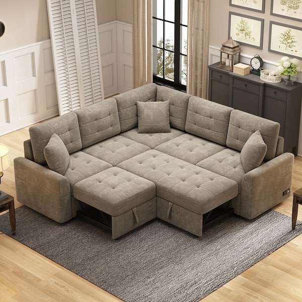 Sectional Sleeper Sofa Corded Velveteen Dual Pull Out Khaki