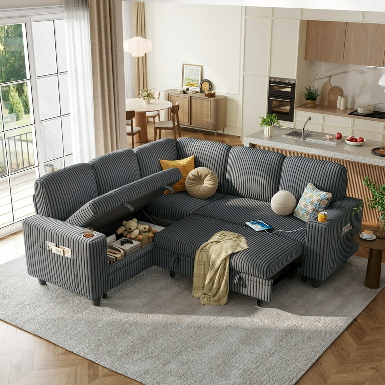 Sectional Sleeper Sofa Corduroy Storage Seat Integrated Charging
