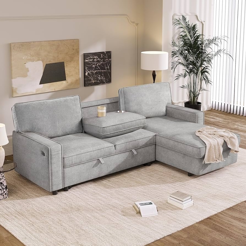 Sectional Sleeper Sofa, Fold-Down Console with Cup Holders, USB Port