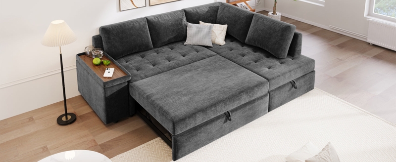 Sectional Sleeper Sofa Integrated Armrest Tray Tufted L Shaped