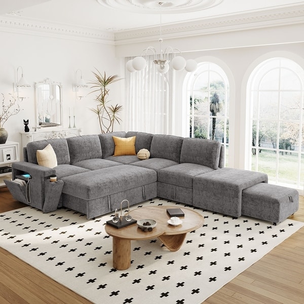 Sectional Sleeper Sofa: L-Shaped with USB Ports and Matching Ottoman.