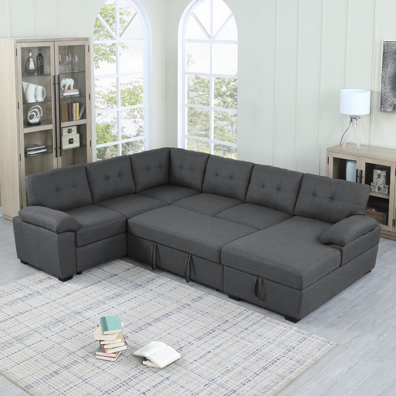 Sectional Sleeper Sofa Microfiber Pull Out Bed Storage Chaise