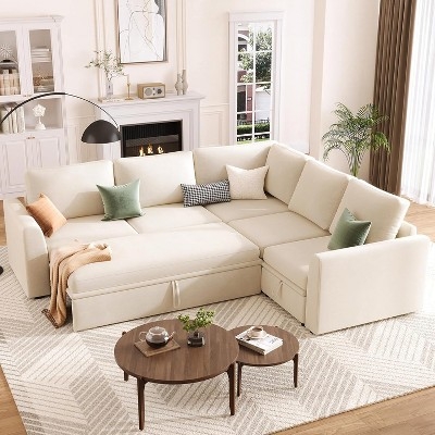 Sectional Sleeper Sofa U Shaped Chenille Pull Out Bed Beige