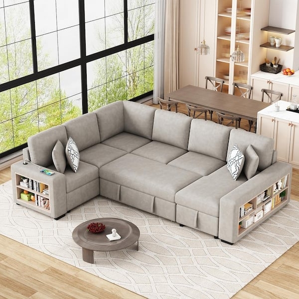Sectional Sleeper Sofa: Warm Greige U-Shaped, Integrated Armrest Storage.