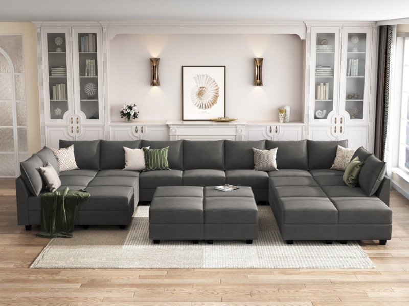 Sectional Sofa: 21-Piece Modular U-Shaped in Charcoal Velvet.