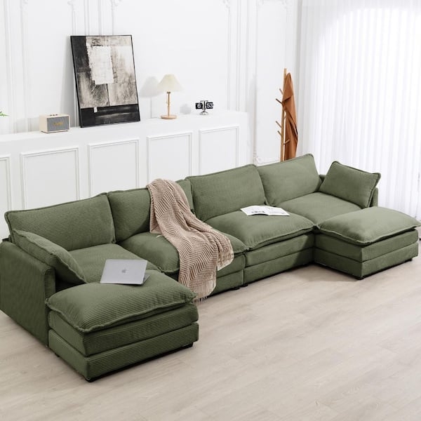 Sectional Sofa Avocado Green Corduroy 6-Piece Modular U-Shaped