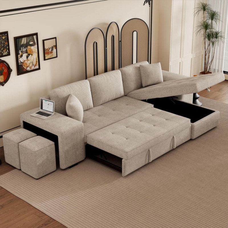 Sectional Sofa Bed: Cream Chenille, Wide Armrest Stand, Nested Stools.
