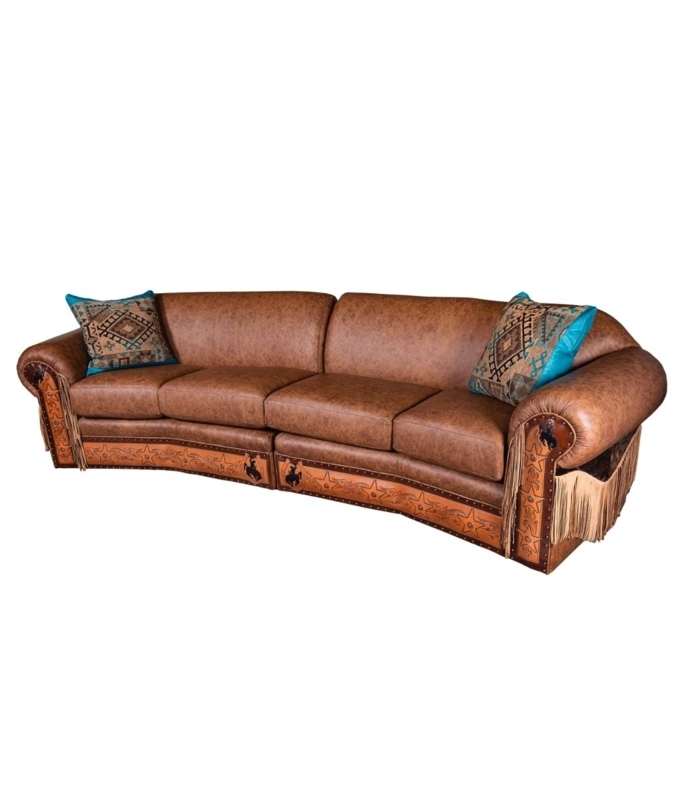 Sectional Sofa Cognac Brown Fringe Detail Tooled Leather Ranch Style
