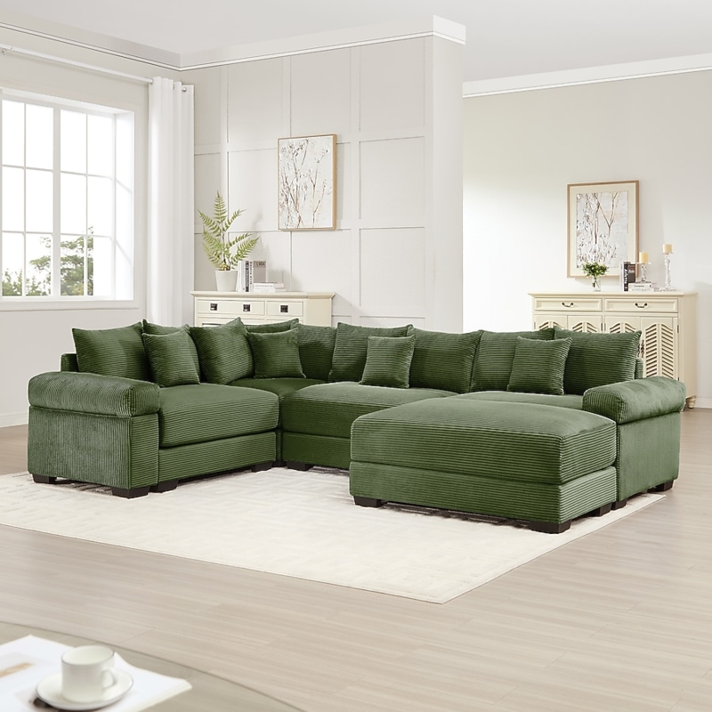 Sectional Sofa Corduroy Oversized Deep Seat Movable Ottoman Olive