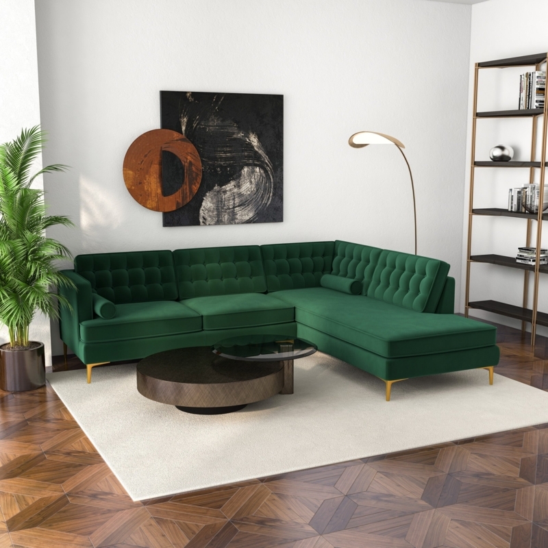 Sectional Sofa Emerald Velvet Button Tufted Bolster Pillows Gold Legs