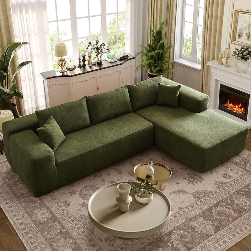 Sectional Sofa Forest Green Velvet Low Profile Block Arms