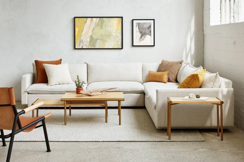 Sectional Sofa in Off-White Boucle Fabric, L-Shaped Layout