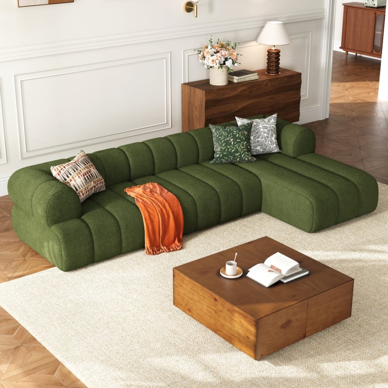 Sectional Sofa Olive Green Channel Tufted Chenille Low Profile