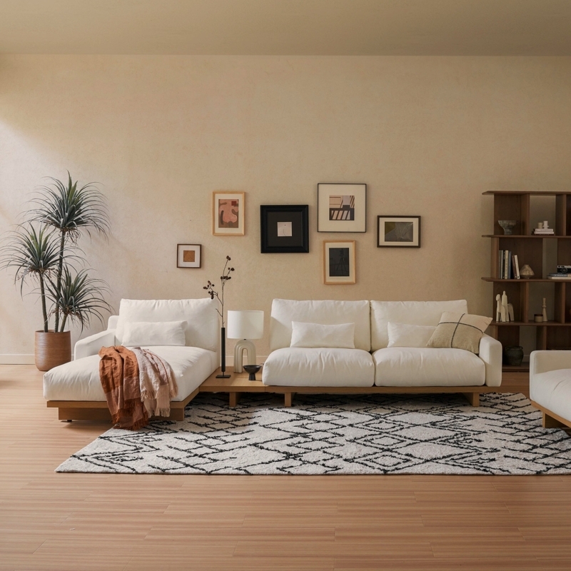 Sectional Sofa on Wood Platform Base with Integrated Side Table