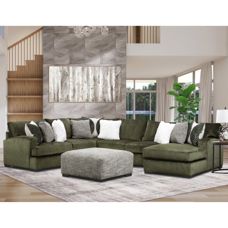 Sectional Sofa Pine Green Fabric Box Cushions Block Feet Right Chaise