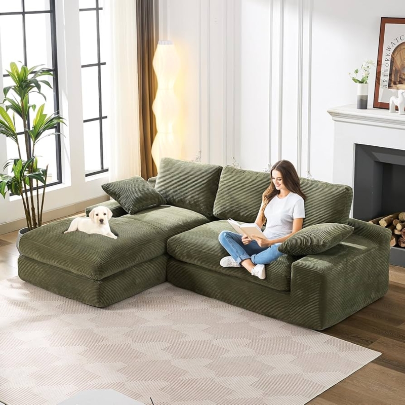 Sectional Sofa Ribbed Corduroy Deep Seat Modular Olive Green
