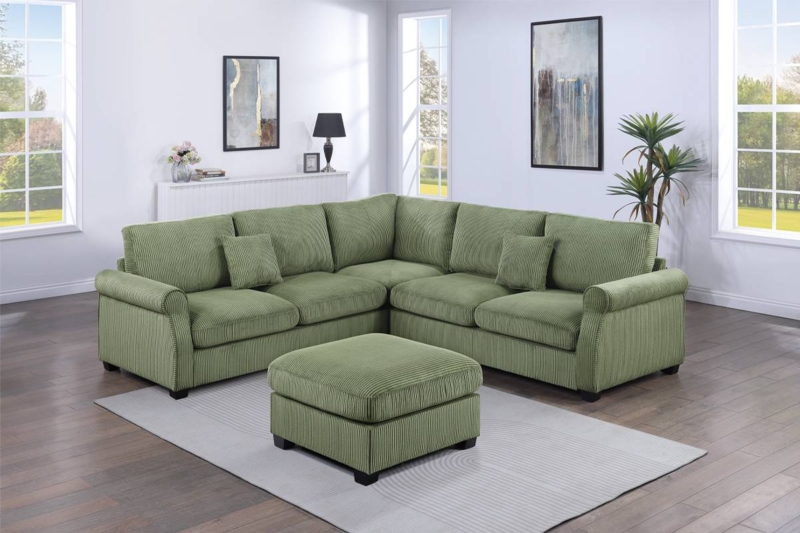 Sectional Sofa Sage Green Corduroy Rolled Arms Matching Ottoman