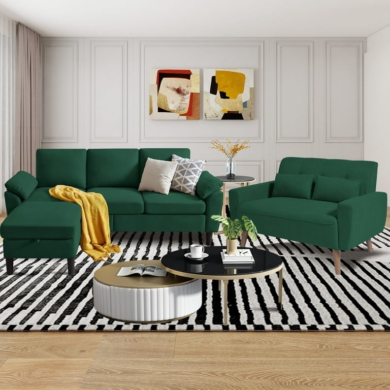 Sectional Sofa Set Emerald Green Linen Reversible Chaise Accent Chair