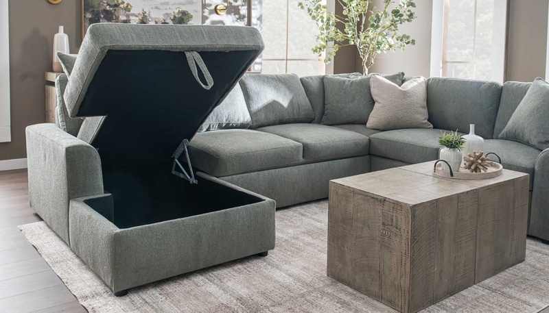 Sectional Sofa Storage Chaise Lift Top Pull Strap Sage Green