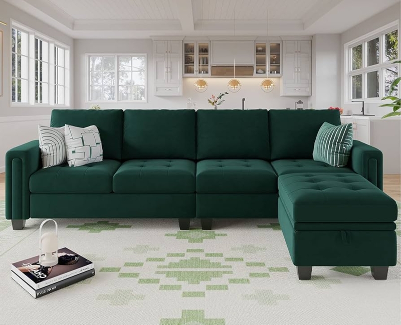 Sectional Sofa Tufted Seats Storage Ottoman Emerald Velvet