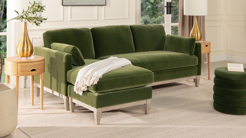 Sectional Sofa Velvet Reversible Chaise Bolster Pillows Olive Green